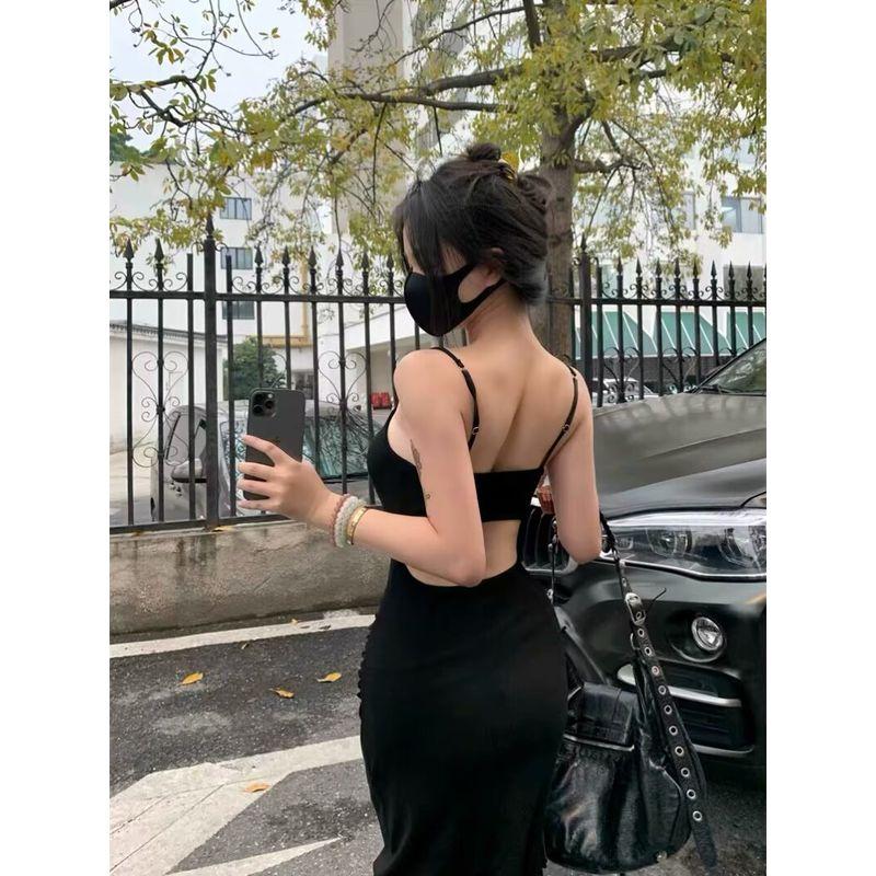 

Сексуальное платье-слинг с открытой спиной для женщин, летнее однотонное платье с завышенной талией, облегающее платье с разрезом Black S
