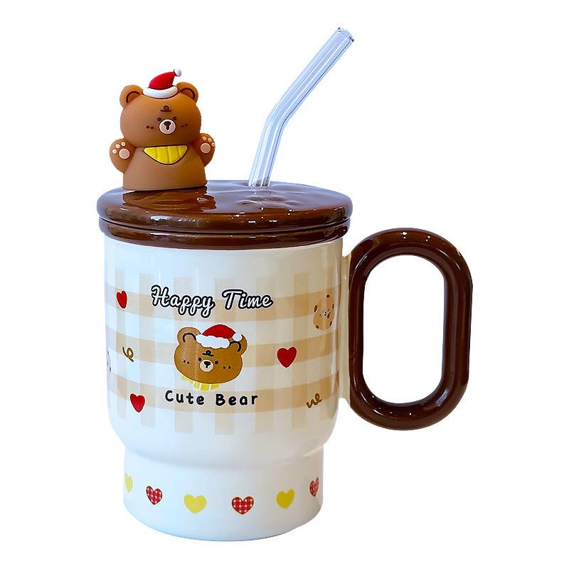 Cute Straw Cup for Drinking Water for Household Ceramic Mug with Lid Water Cup for Girls with High Appearance Office Coffee Cup