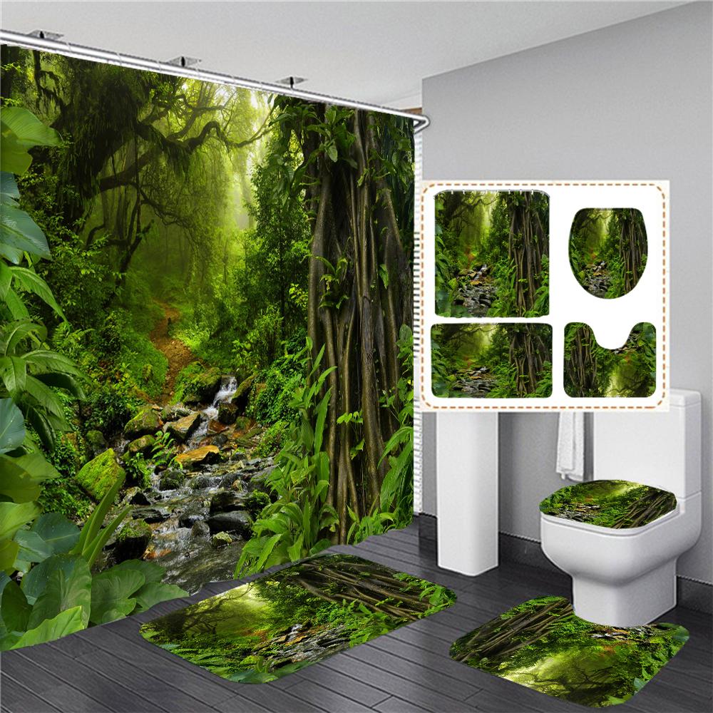 3D Natural Forest Landscape Printed Waterproof Fabric Bathroom Curtain Shower Curtains Set Anti-Skid Rugs Toilet Cover Bath Mat