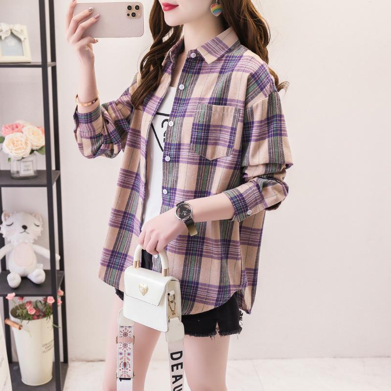 Camisa holgada de manga larga a cuadros para mujer, estilo coreano, chaqueta informal y versátil para estudiantes para primavera y otoño, talla grande, algodón