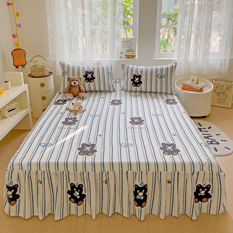 All Season Universal Ruffle Edge Single Bed Cover Printed Cotton Bed Skirt Three Piece Set Soft Comfortable Bedding Bedspread