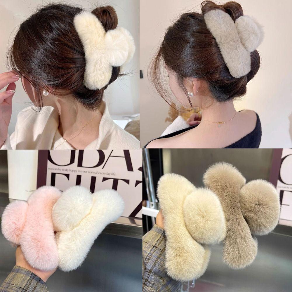 Pure Color Faux Fur Large Hair Clip Leopard Print Winter Hair Accessories Sweet Grasp Clip Girls