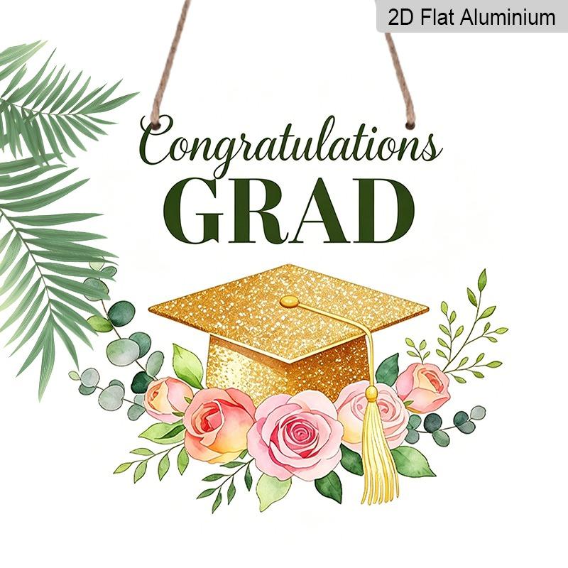 2D Flat Aluminum Graduation-themed Wall Hangings, Available in Various Sizes, Featuring Gold Glitter Graduation Caps and Watercolor-style Pink Roses