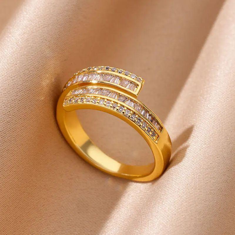Geometric Zircon Hug Rings for Women Stainless Steel Gold Color Wedding Adjustable Ring New Fashion Zircon Gift anillos mujer