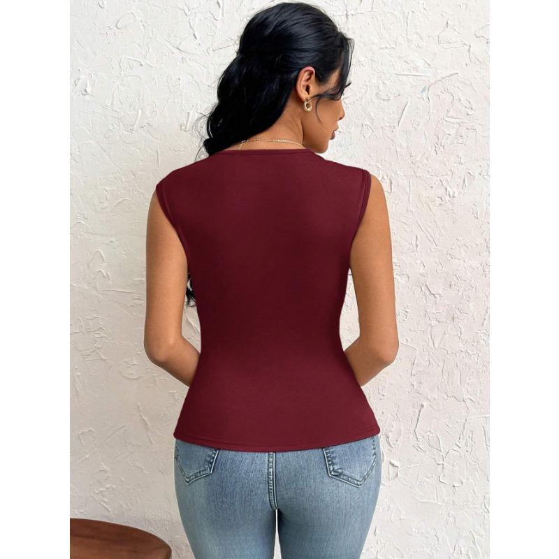 DAFIFY Women's Fashion Casual Summer Spring Solid Color Print Sleeveless Oblique Collark Blouses & Shirts