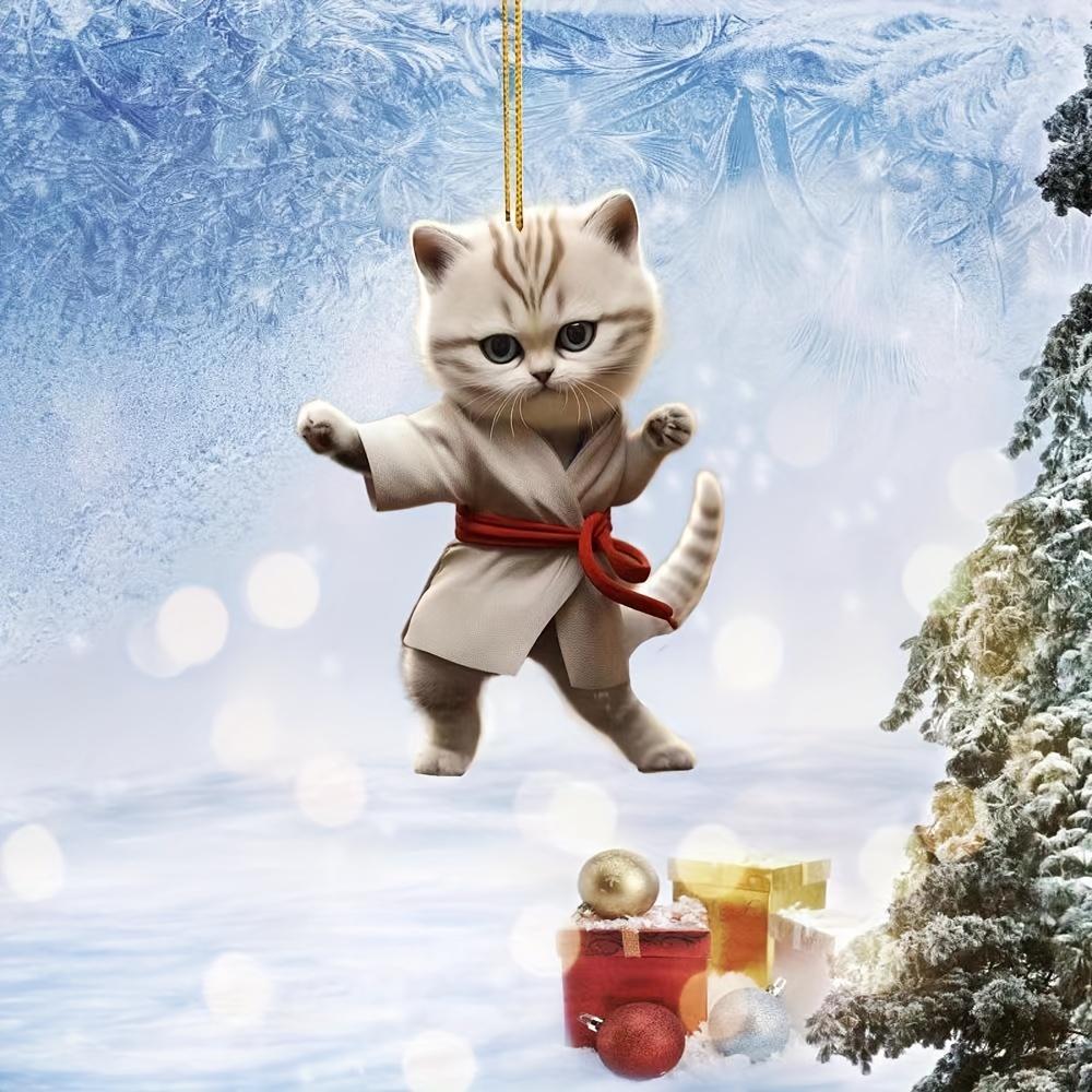 New Christmas Creative Kung Fu Cat Ornaments, Holiday Home Decor Acrylic Flat Pendant For Car Hanging, Christmas Tree Decoration
