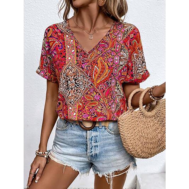 

Women s T-Shirt Floral Graphic Paisley Retro Fashion Classic Short-Sleeved V-Neck Oversized Ladies Summer Clothing XL
