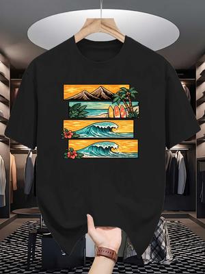Vintage Tropical Surf Beach Graphic Unisexs T Shirt Crew Neck Cotton Tee Wave Palm Tree Print Casual Top For Summer Surfing Lovers