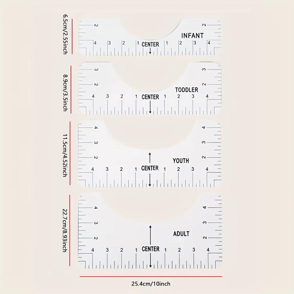 Transparent Acrylic T-shirt Alignment Ruler, Clothing Graphic Ruler, Front and Back Measurement, Sewing Guide Tools, 4 Pcs