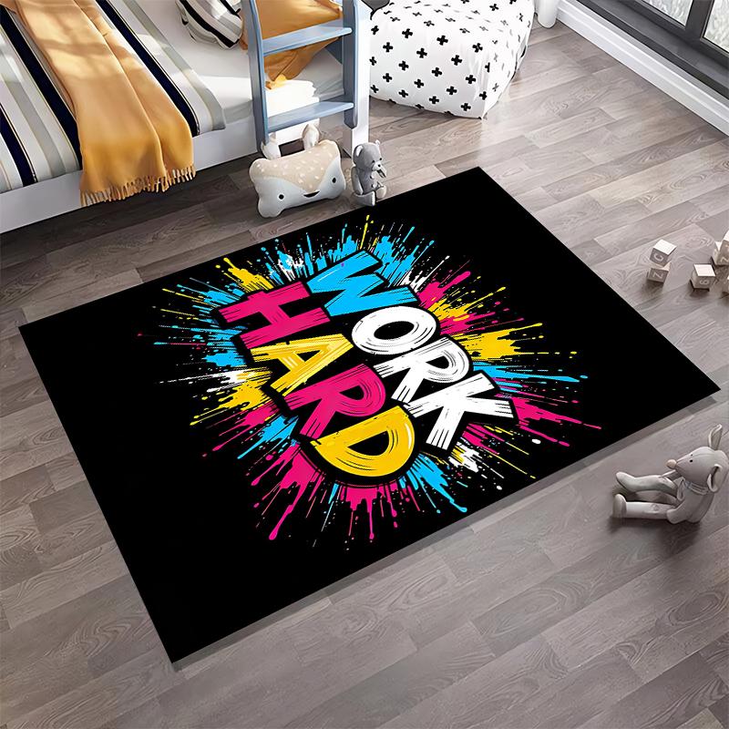 Colorful Motivational "Work Hard" Quote Carpet with Splash Design Suitable for Use As an Anti-slip for Living Room Bedroom Sofas
