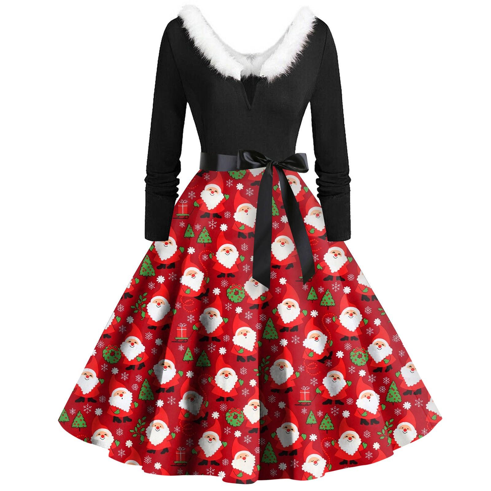 

Женское повседневное и модное платье с длинными рукавами, плюшевым V-образным вырезом и рождественским принтом на молнии S