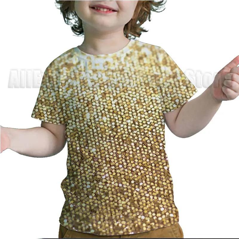 

Літня Креативна Блискуча Золота Дитяча Футболка Малюк Смішна Футболка Хлопчики Дівчатка Підлітки Барвиста 3D Футболка 170