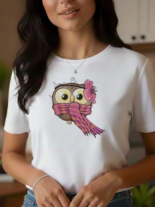 Women s owl print T-shirt with scarf and flower S