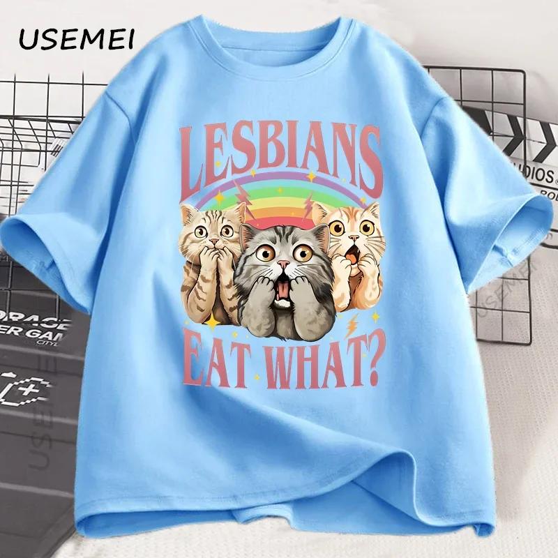 Retro LGBT Eat What Cat Lesbian Pride Tshirt Funny Equal Rights Graphic Cat Tees Unisex Short Sleeve Cotton Tshirt Clothing
