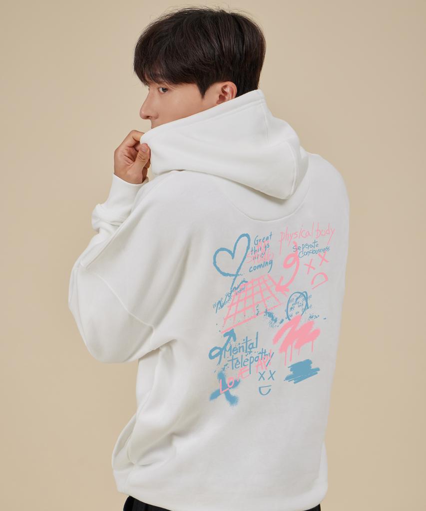 Graffiti Oversized Wide Shoulder Hoodie_White