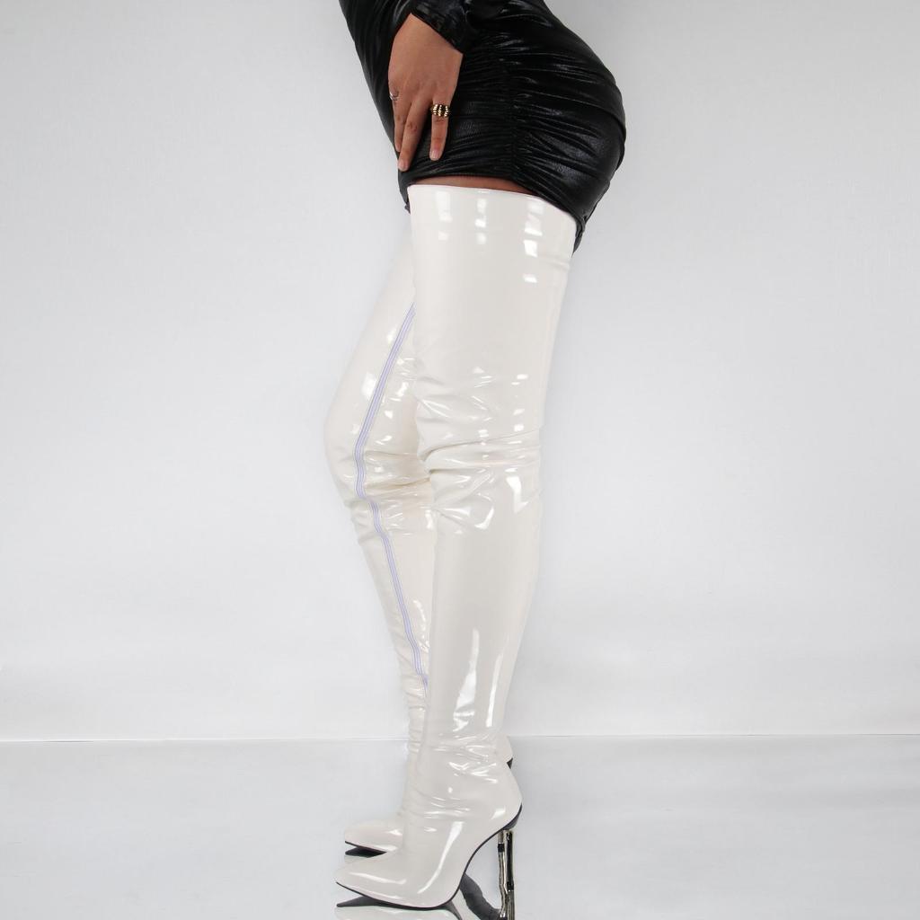 Sexy Damen-Overknee-Stiefel, Mädchen-High-Heel-Stiefel, plissiertes Lackleder, Motorrad, spitze Zehen, Reißverschluss-Schuhe