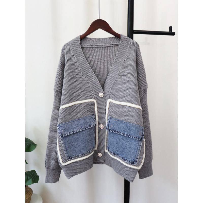 Autumn and winter new denim pocket knitted cardigan loose design temperament versatile sweater jacket women