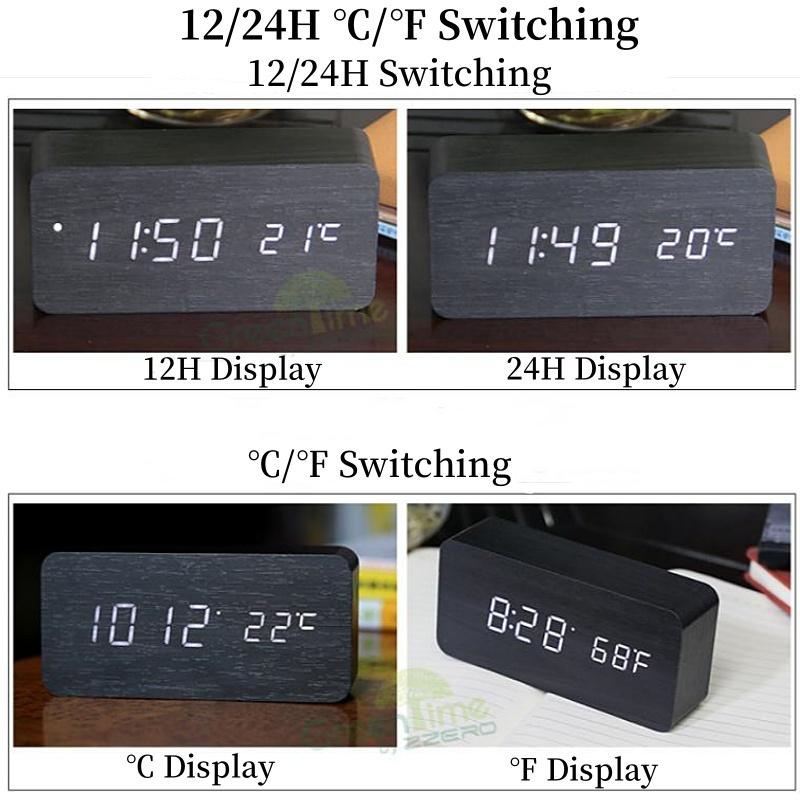 Voice Control Wooden Digital Alarm Clock TEMP Date Table Clock 3 Alarm 2 Display Modes 12/24H Power Outage Memory LED Clock