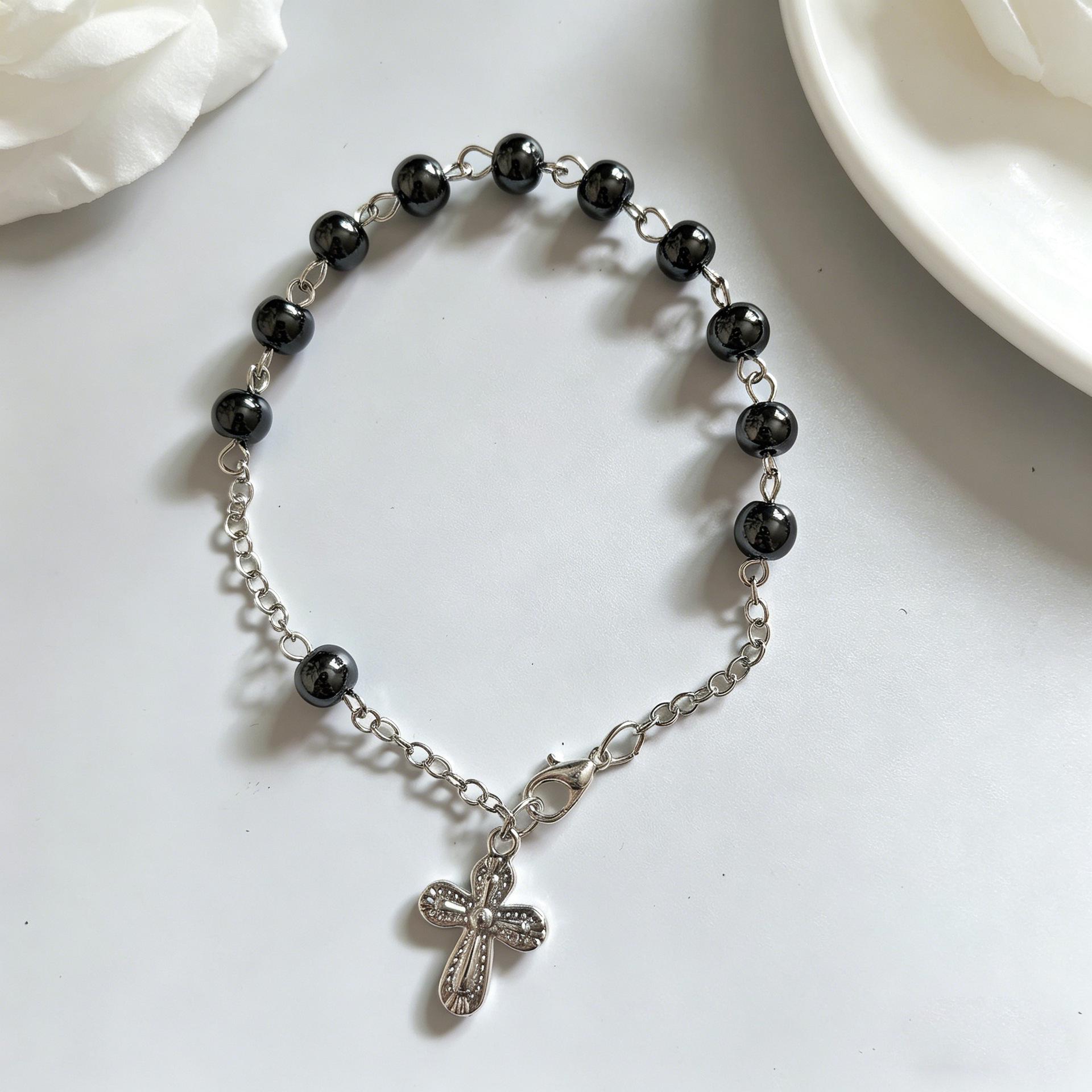 Luxury Black Agate Rosary Cross Bracelet for Baptism Party – Unisex Beaded Hand Ornament Electroplated