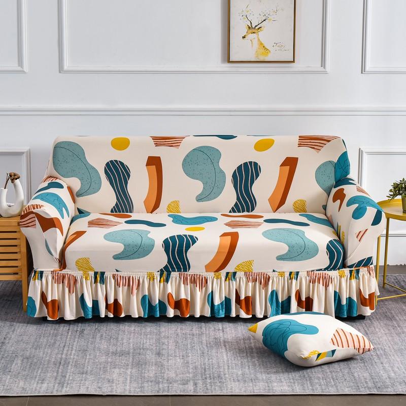 Elastic Stretchable Sofa Cover with Skirt Washable Furniture Protector Printed Slipcovers with Elastic Bottom for Living Room