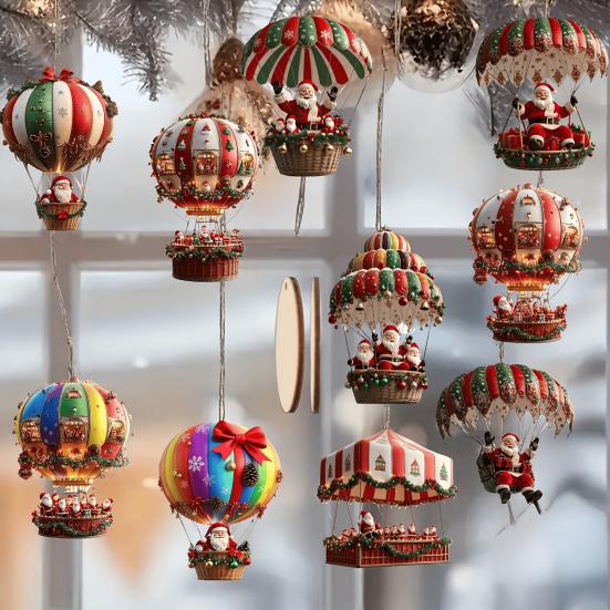 Vánoční dekorace horkovzdušného balónu Dřevěný 2D plochý Santa Claus v horkovzdušném balónu Přívěsek pro sváteční výlohu zeď domácí dekoraci