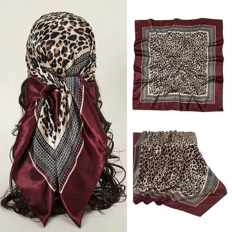 Leopard Print 90cm Square Silk Scarf Woman Satin Headband Muslim Hijabs Shawls Smooth Soft Hair Scarf Islimic Turban Bandana