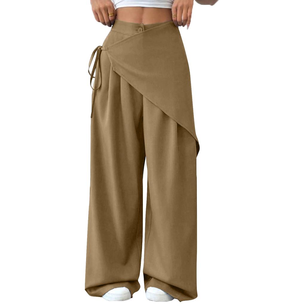 Women's Casual Fashion -Color Elastic Waistband Wide-Leg Straight-Leg Pants With Pockets