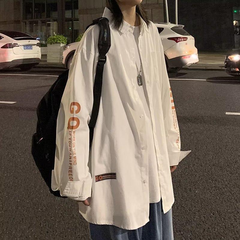 

Рубашка с длинными рукавами с нашивками для мужчин, больших размеров, модная, свободная, весна-осень, рабочая одежда, повседневная, японская, ретро, белая 3XL белый