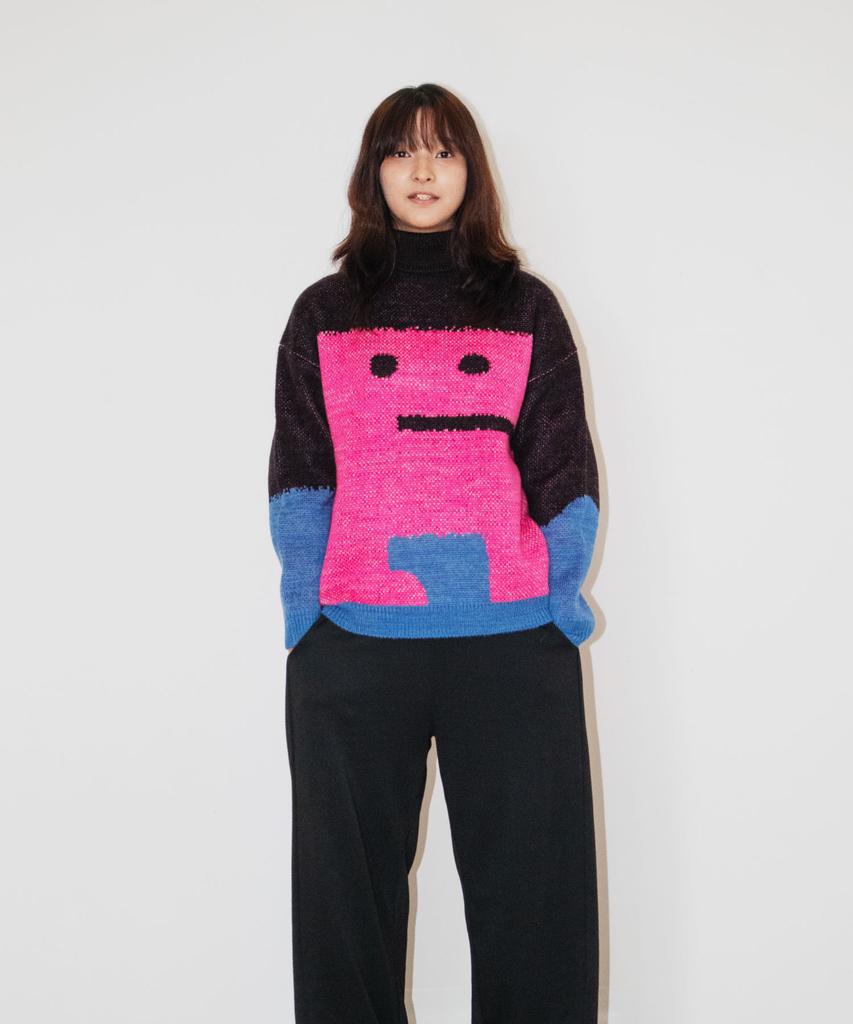 GROUNDWORK Square Man Turtleneck Knit Sweater / Black Pink Mix