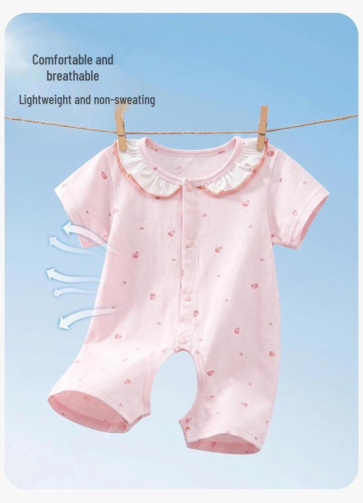 Girls' Summer Floral Cotton Romper, Short-Sleeved with Doll Collar, Size 100.