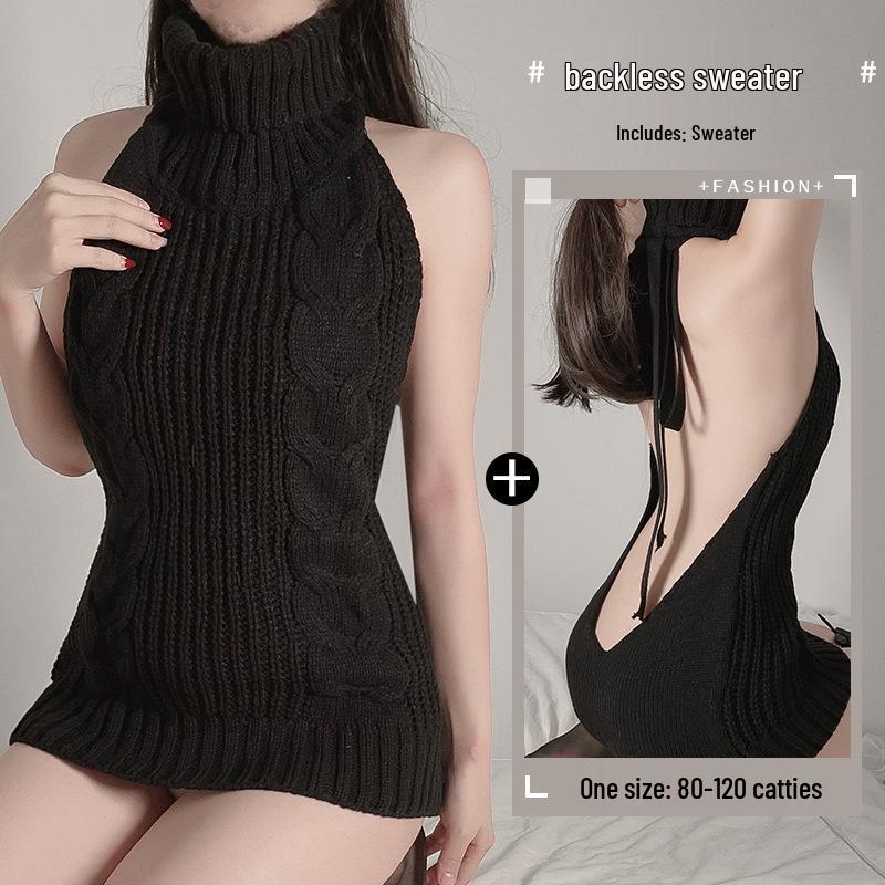 Seductive Knitted High Collar Backless Lingerie Dress