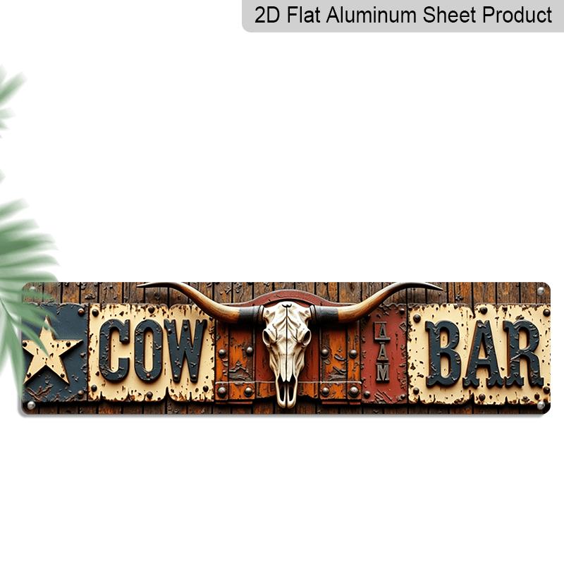 2D Flaches Cowboy-Bar-Thema Aluminium Dekoschild - Rustikale Westen-Themen-Wanddekoration mit einem Bullenschädel als Mittelstück und Vintage-Schriftzug