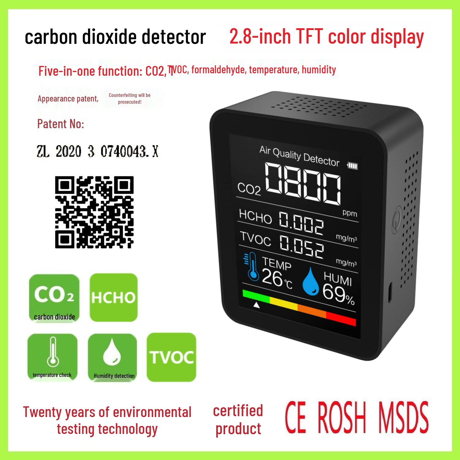 

Монитор качества воздуха CO2 и TVOC с термогигрометром White 2CO3 TVOC 5-in-1