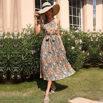 Summer New Halter Neck Sleeveless Small Floral Sling Lace High Waist Green Long Dress S-XL