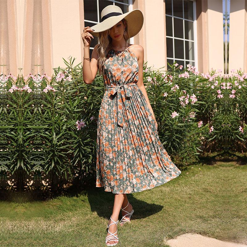 Summer New Halter Neck Sleeveless Small Floral Sling Lace High Waist Green Long Dress S-XL
