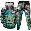 2022 foreign trade new 3d creative lion digital printing printing men's and women's hooded pullover casual sweater two-piece set