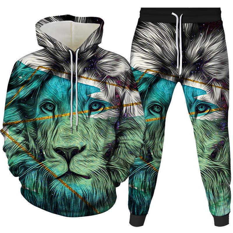 2022 foreign trade new 3d creative lion digital printing printing men's and women's hooded pullover casual sweater two-piece set