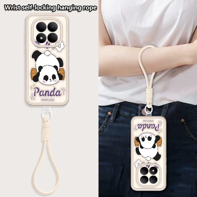 Cute Panda Print Lanyard Case For Xiaomi 14T 13T Pro Redmi Note 15 Pro 4G 14 13 Pro+ 5G Shockproof Bumper Soft Cover