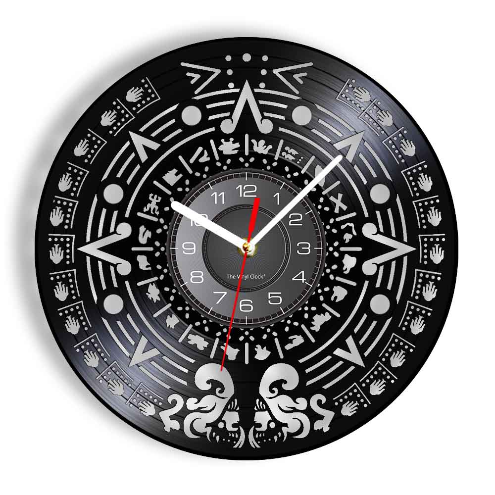 Виниловые часы-пластинка с ацтекским календарем для гостиной Calendario Azteca Maya Орнамент Мексиканский Воин-Ягуар Ретро Настенные Часы