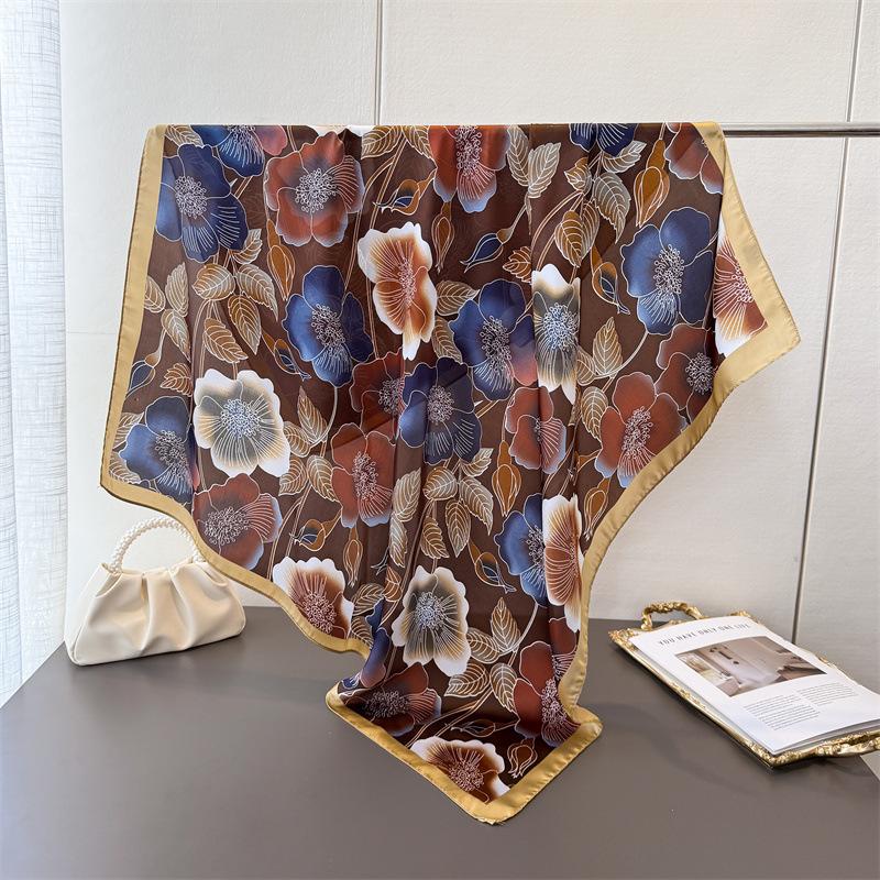 Spring Flowering Simulation Silk High-end Large Square Scarf Silk Scarf Printing Travel Shawl Scarf Sunscreen Headscarf Women's Scarf