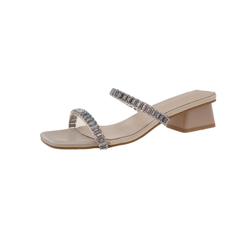 

2025 new summer outer wear fairy square head double row one-word diamond belt transparent thick heel sandals women high heels women 35