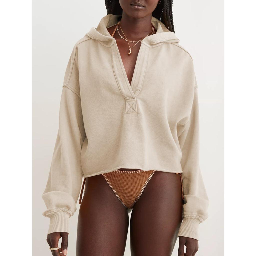 Women's Oversized Fashion V-Neck Hoodie Long Sleeve Pullover Casual Sweatshirt Trendy Autumn Spring Tops