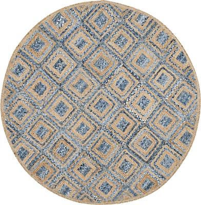 Aizza Trends Handmade Hand Braided Blue Color Cotton, Denim with Natural Jute Round Rugs, Floor Decor Carpet Rug