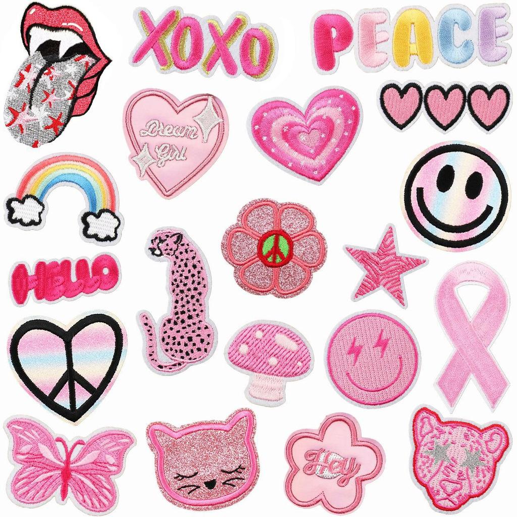 Pink Cheetah Embroidery Cloth Sticker Bag Decoration Rainbow Smiley Face Patch Sticker Butterfly Embroidery Label Mushroom Chapter Ironing