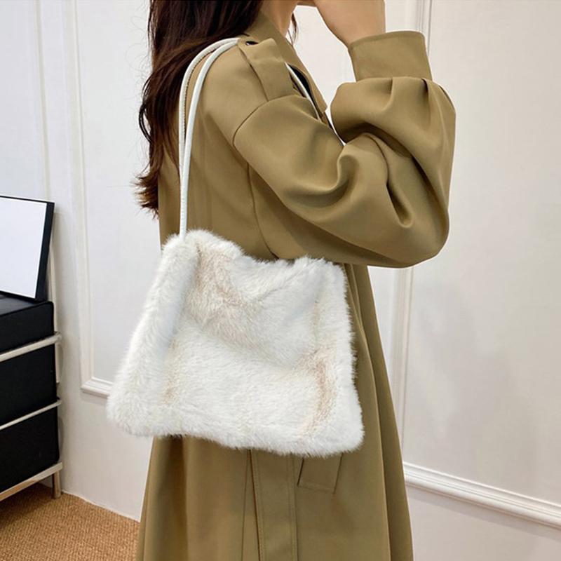 Women Fluffy Shoulder Bag Top-handle Bag Fashi Female Autumn Winter Handbag Soft Plush Versatile Shopping Tote