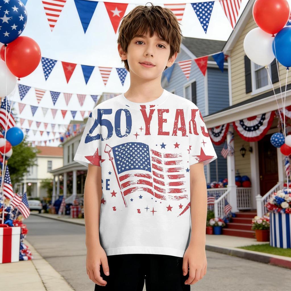 T-shirt Casual da Bambino Girocollo Manica Corta con Stampa Giorno dell'Indipendenza