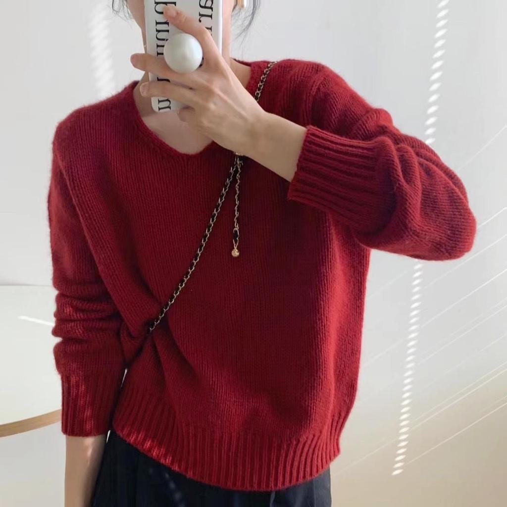 2024 Korean V-Neck Wool Sweater for Women - Thick, Plush, Loose-Fit Knit Pullover with Long Sleeves