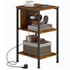 Side Table with Charging Station and 2 Open Shelves, Tiger Wood Look