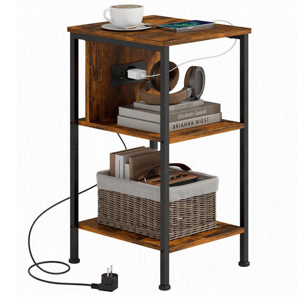 Side Table with Charging Station and 2 Open Shelves, Tiger Wood Look