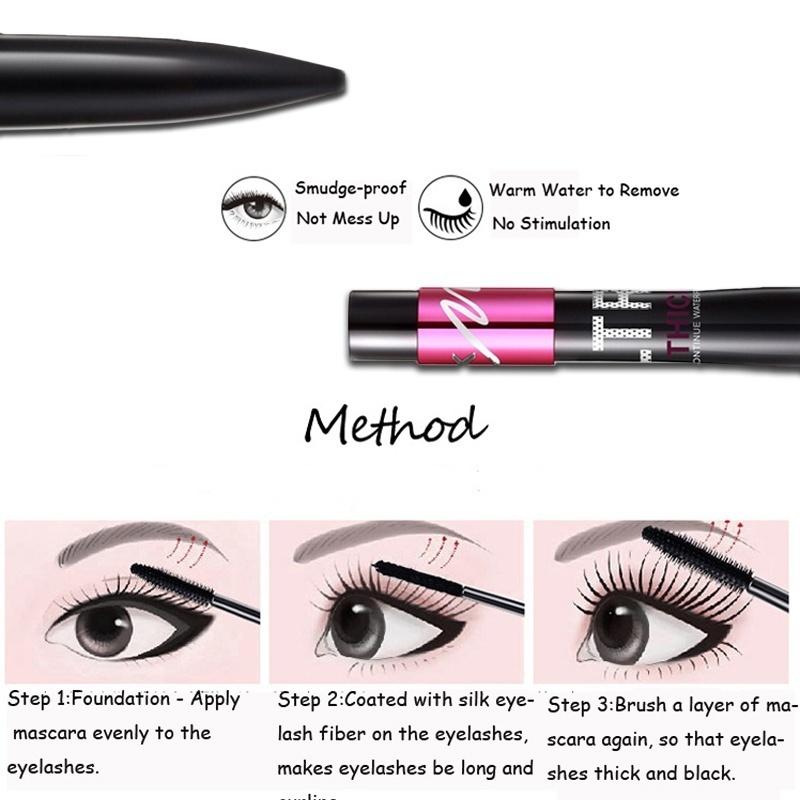 Black Mascara Waterproof Silk Fiber Volume Double Effect Long Lasting Lengthening Curling Eyes Makeup